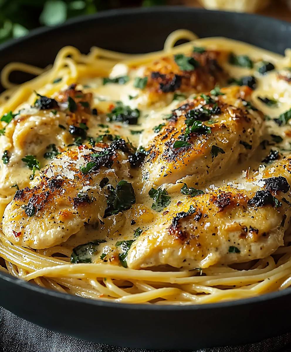 Cremige Hähnchenpfanne Spaghetti