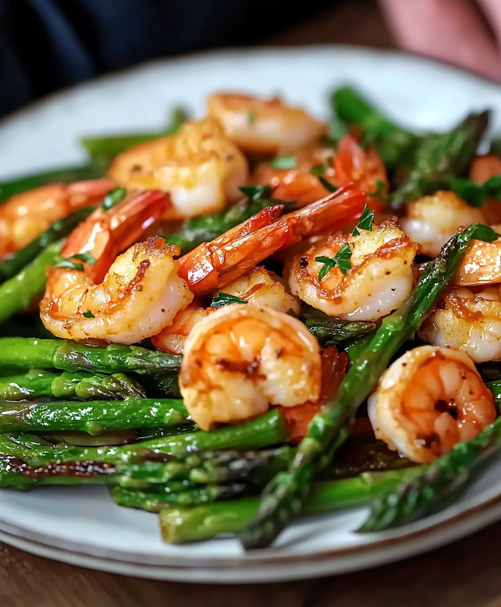 gebratene Garnelen und Spargel