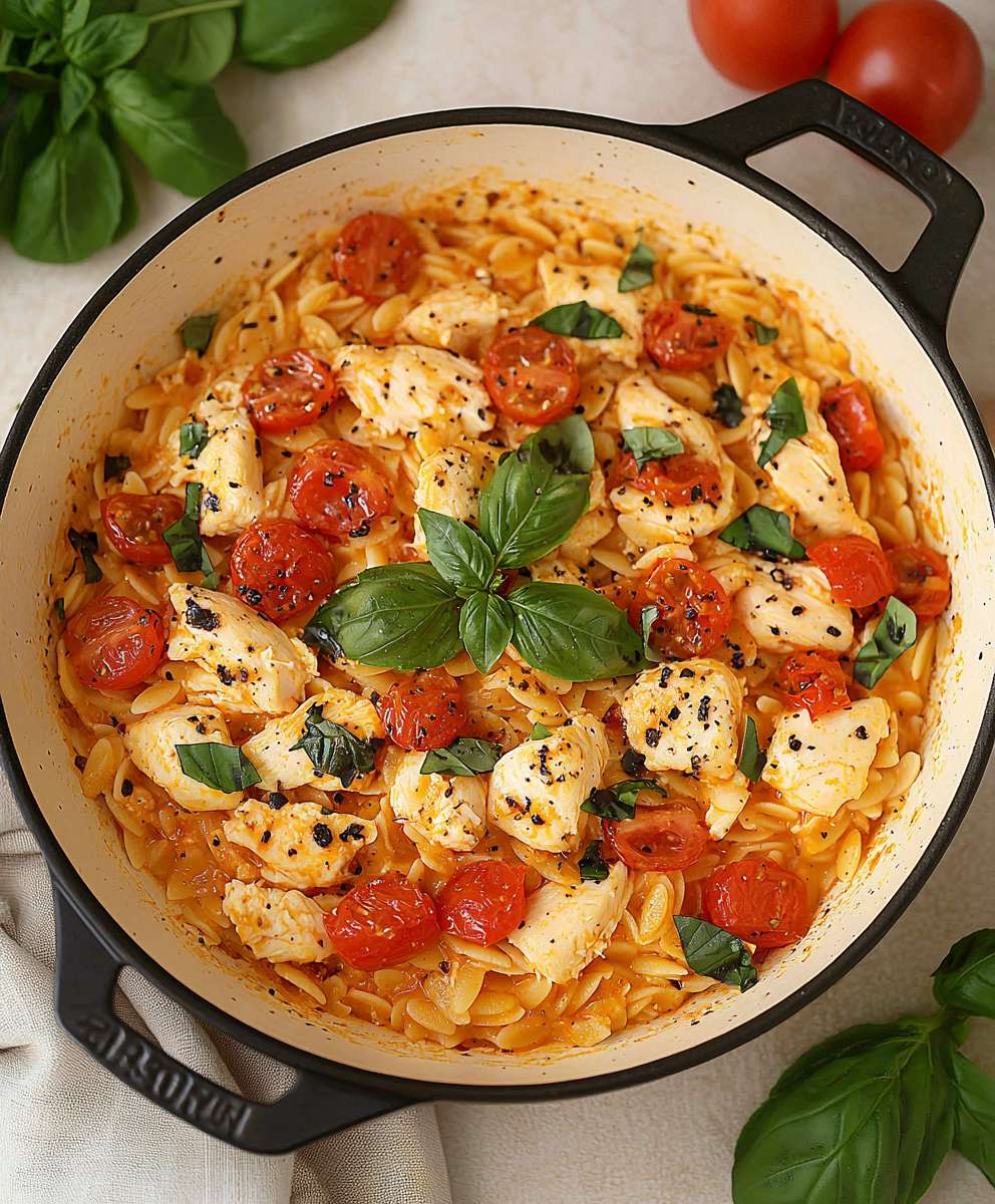 Caprese Hähnchen Orzo Eintopf