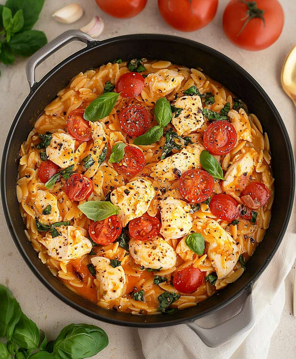 Caprese Hähnchen Orzo Eintopf