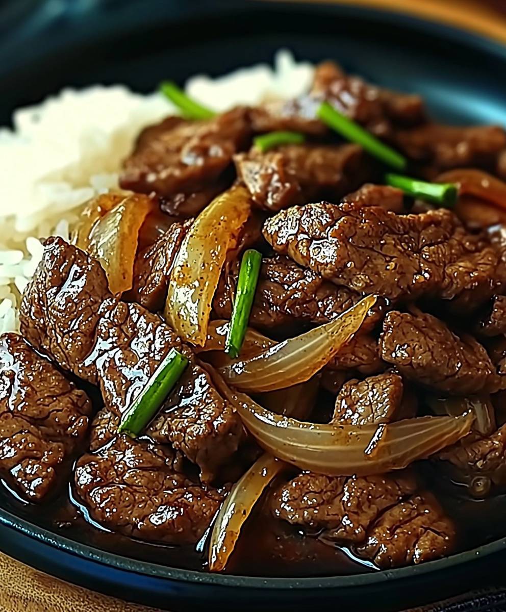 Gebratenes Rindfleisch mit Zwiebeln