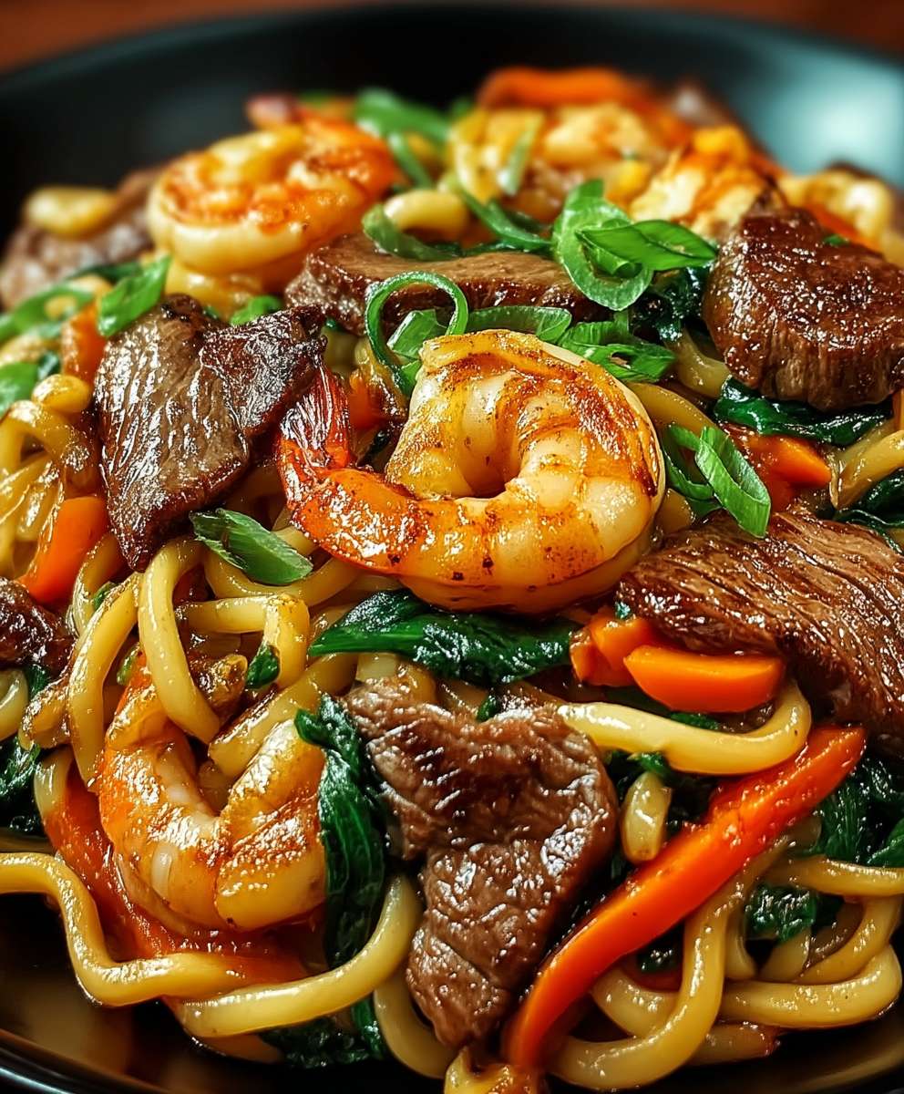 Steak Garnelen Nudeln Pfanne