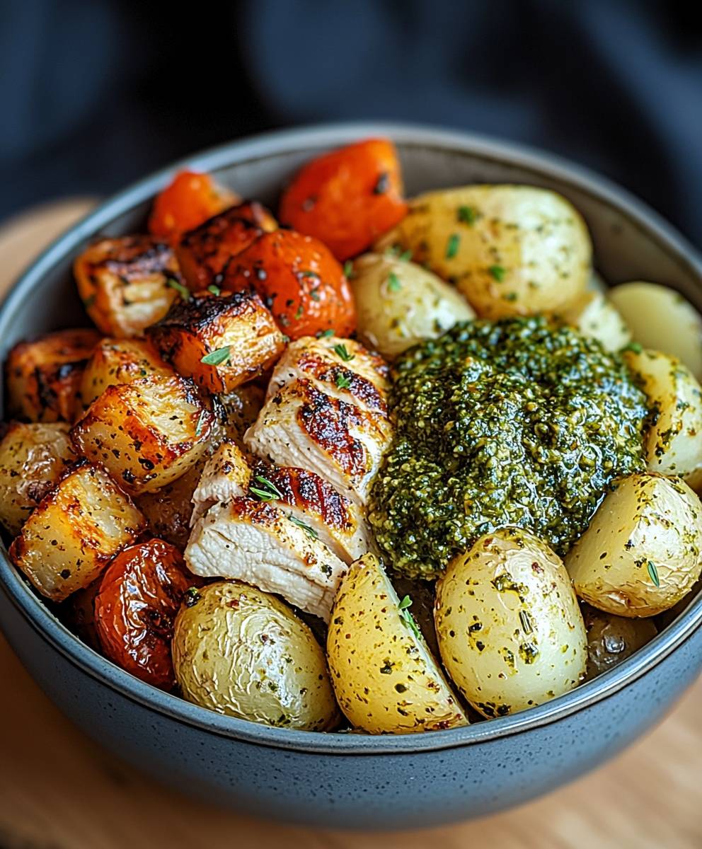 Pesto Hähnchen Röstkartoffel Bowl