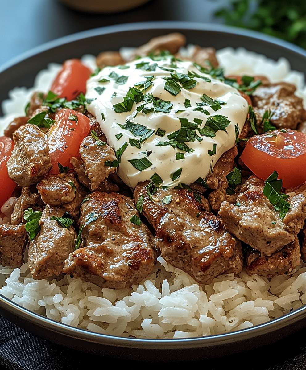 Gyrosgeschnetzeltes Schmandsoße Reis