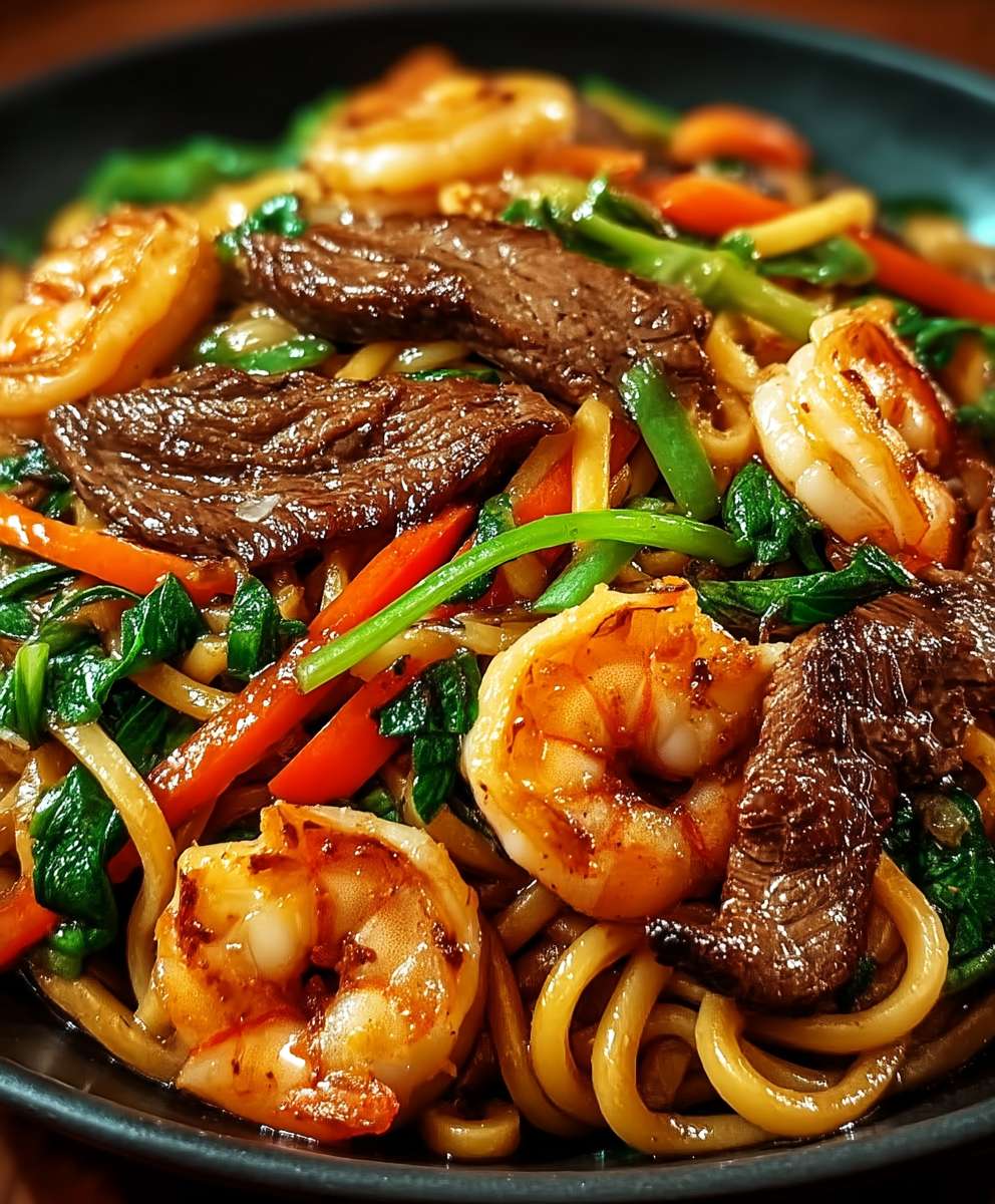 Steak Garnelen Nudeln Pfanne