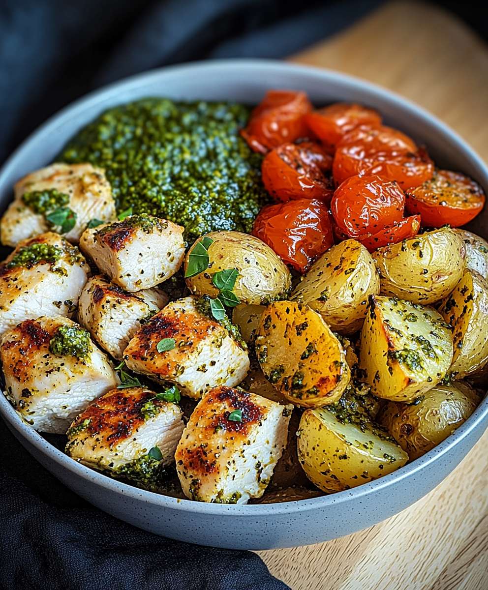 Pesto Hähnchen Röstkartoffel Bowl