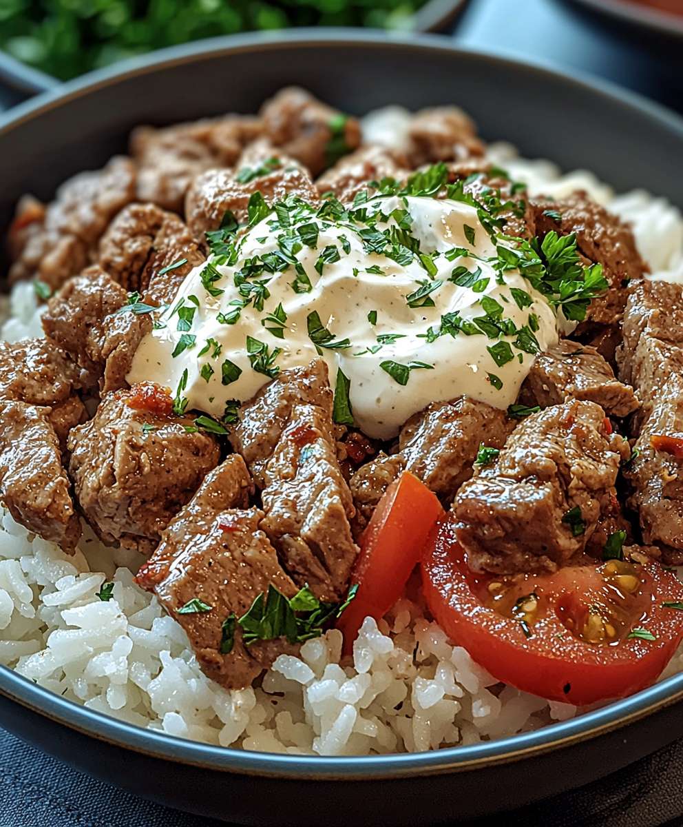 Gyrosgeschnetzeltes Schmandsoße Reis