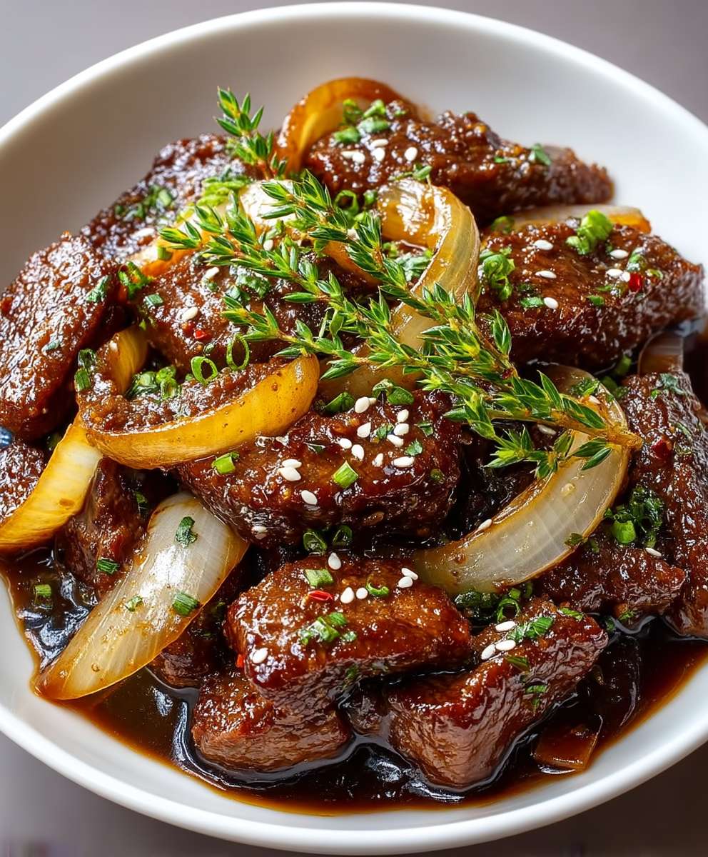 Karamellisiertes Rindfleisch Zwiebeln Sojasauce