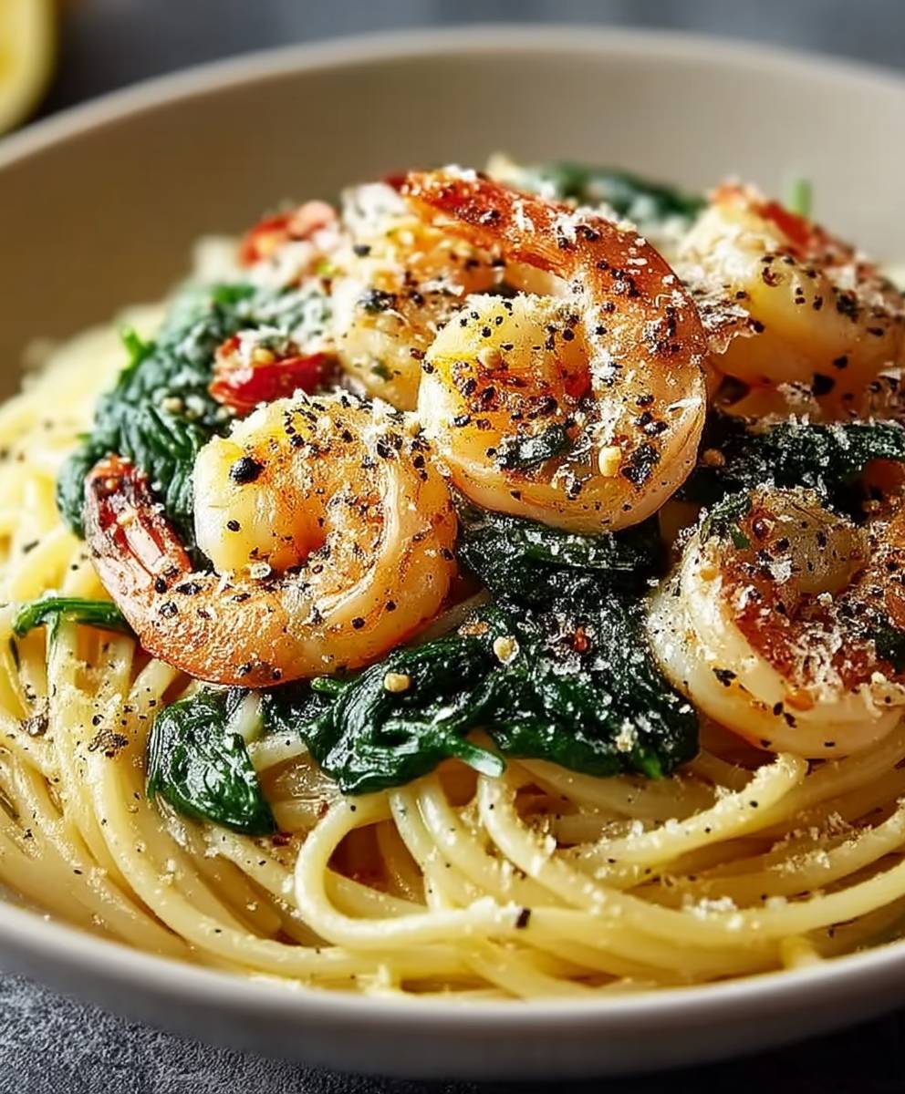 Knoblauch Garnelen Pasta Spinat