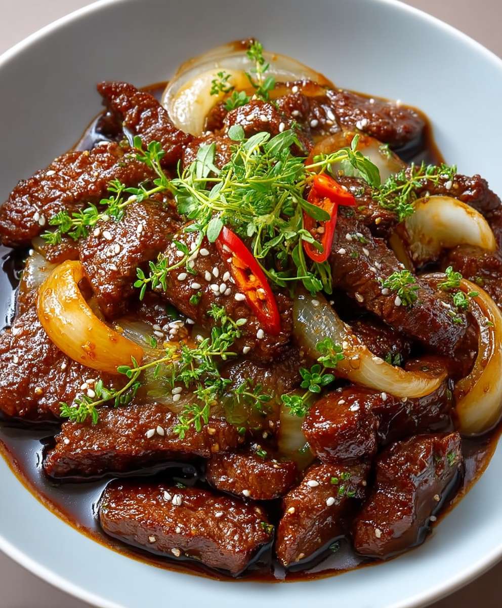 Karamellisiertes Rindfleisch Zwiebeln Sojasauce