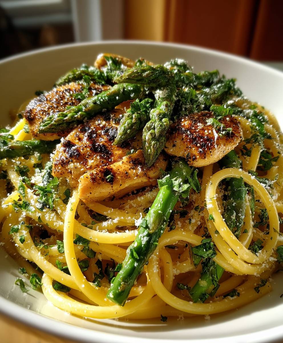 Zitronen Spargel Hähnchen Pasta
