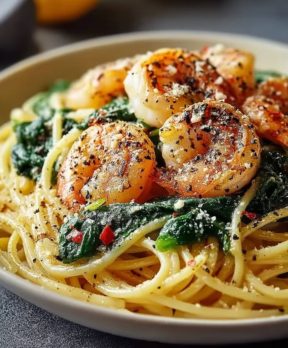 Knoblauch Garnelen Pasta Spinat