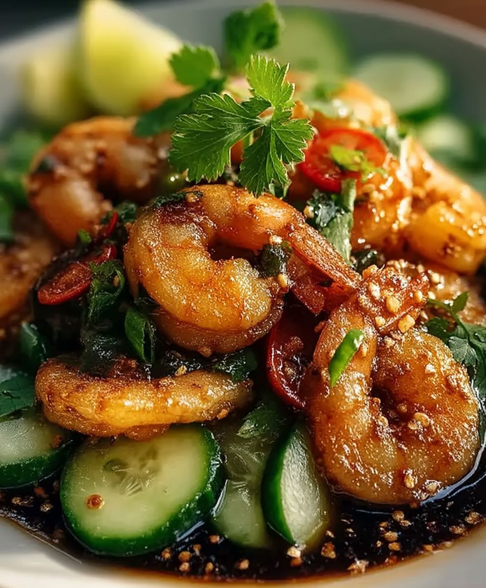 Knuspriger Reis Garnelen Salat