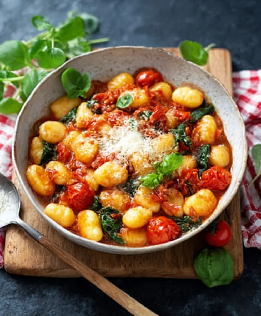 Schnelle Gnocchi Pfanne mit Tomate Spinat in Minuten