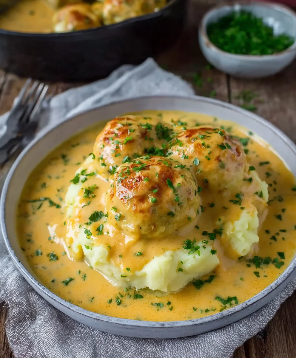 Hackbällchen in cremiger Rahmsauce mit Kartoffelpüree