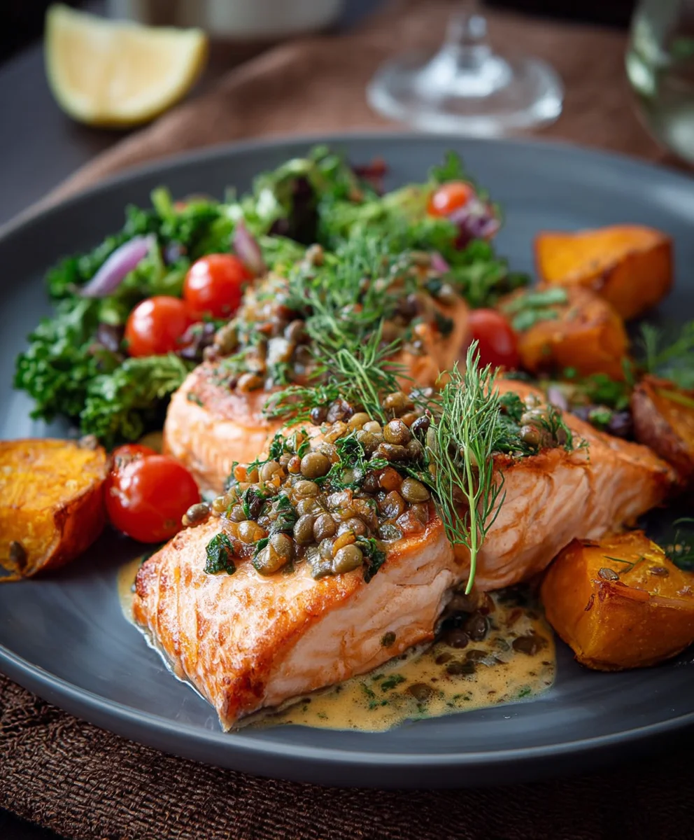 Saftiger Lachs mit Belugalinsen & Süßkartoffel Rezept