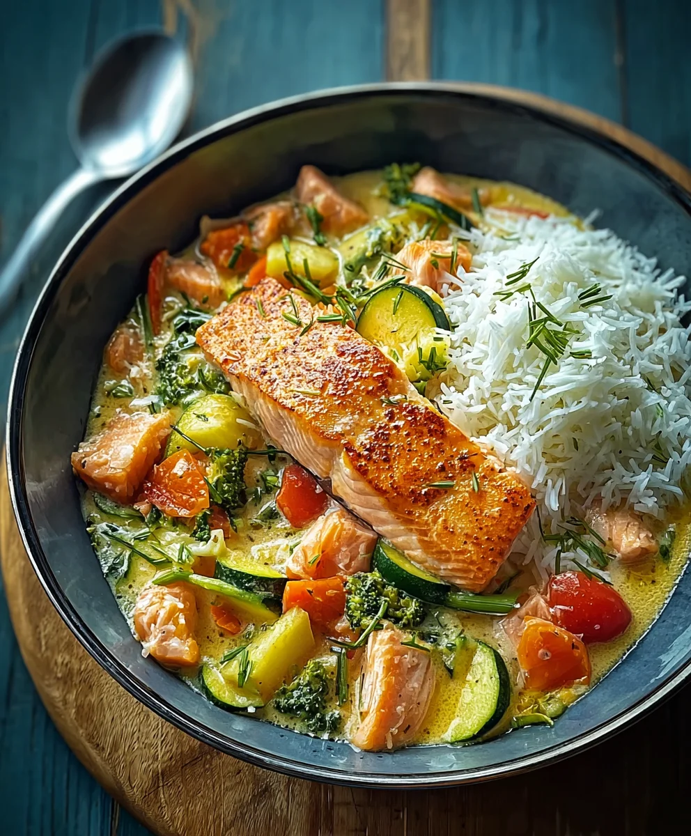 Cremige Kokos Lachs Gemüsepfanne: Exotisch & schnell zubereitet.