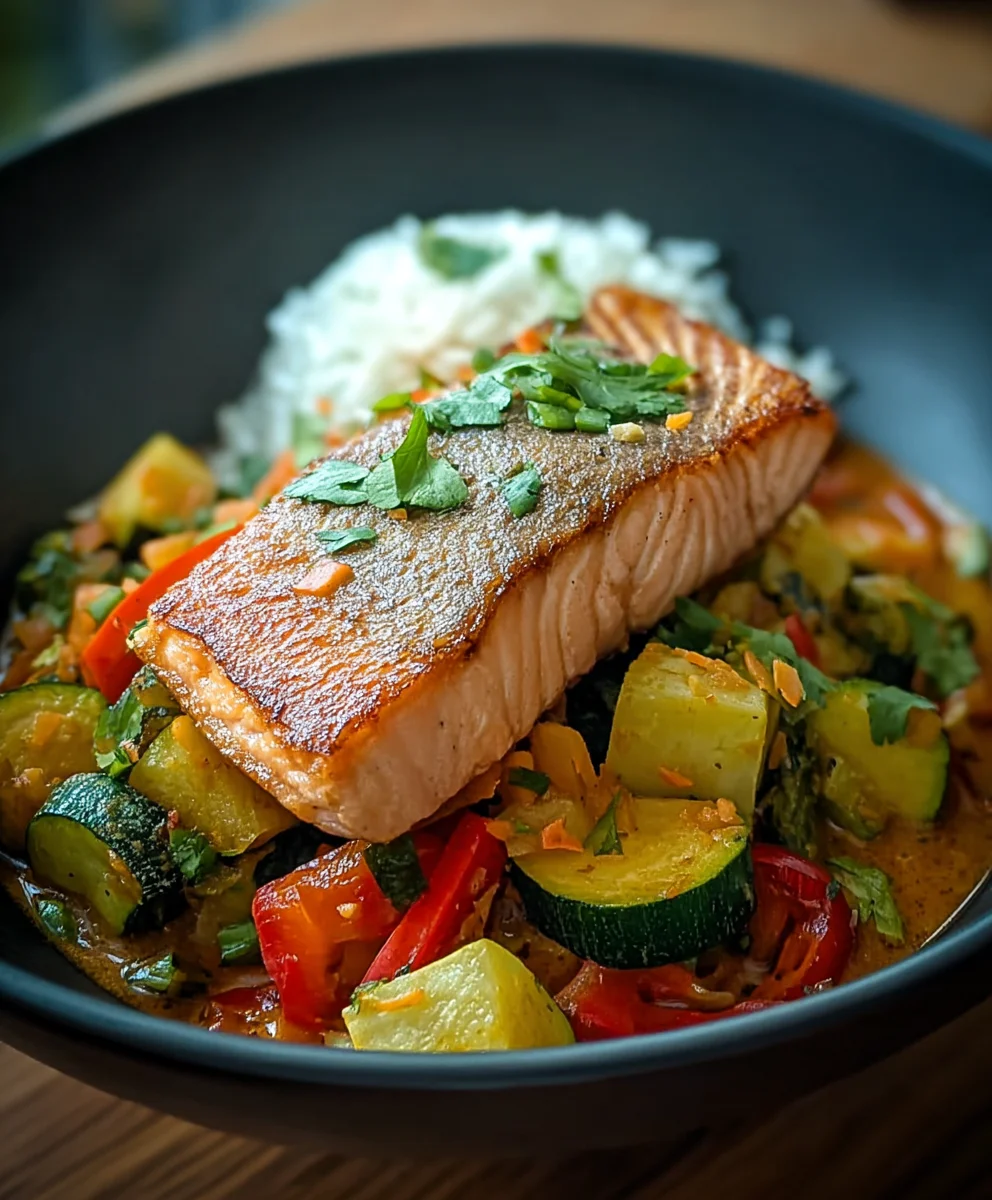 Cremige Kokos Lachs Gemüsepfanne: Exotisch & schnell zubereitet.