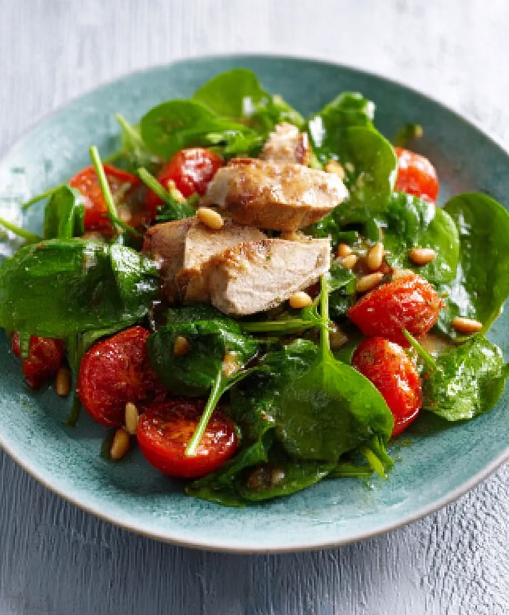 Spinatsalat Haehnchenfilet Tomaten Pinienkerne