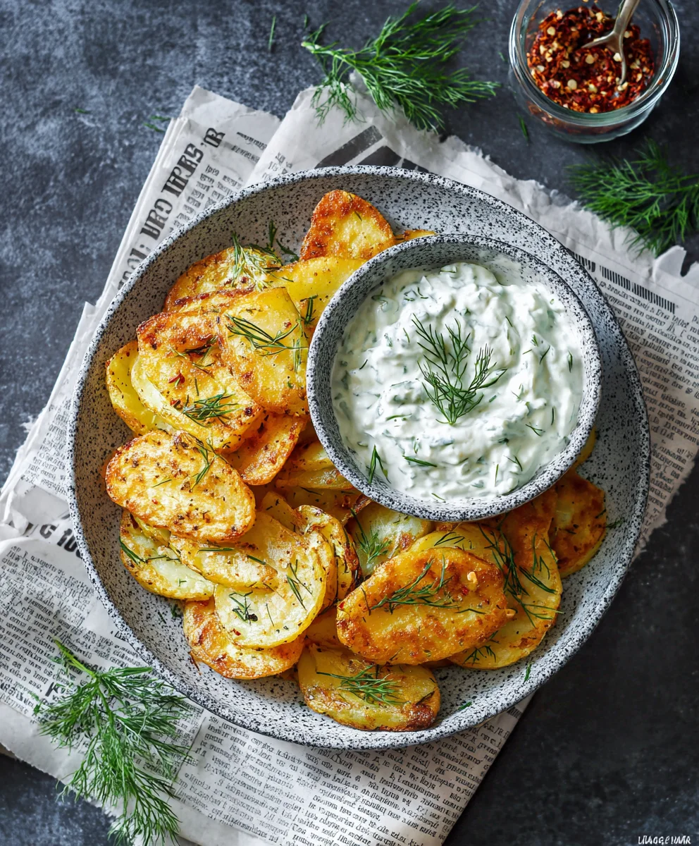Knusprige Kartoffelspalten & erfrischender Gurkendip!