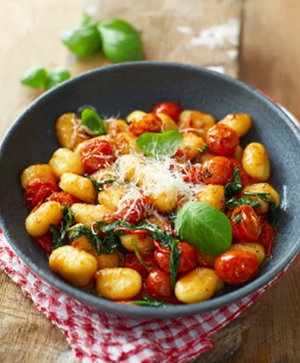 Schnelle Gnocchi Pfanne mit Tomate Spinat in Minuten