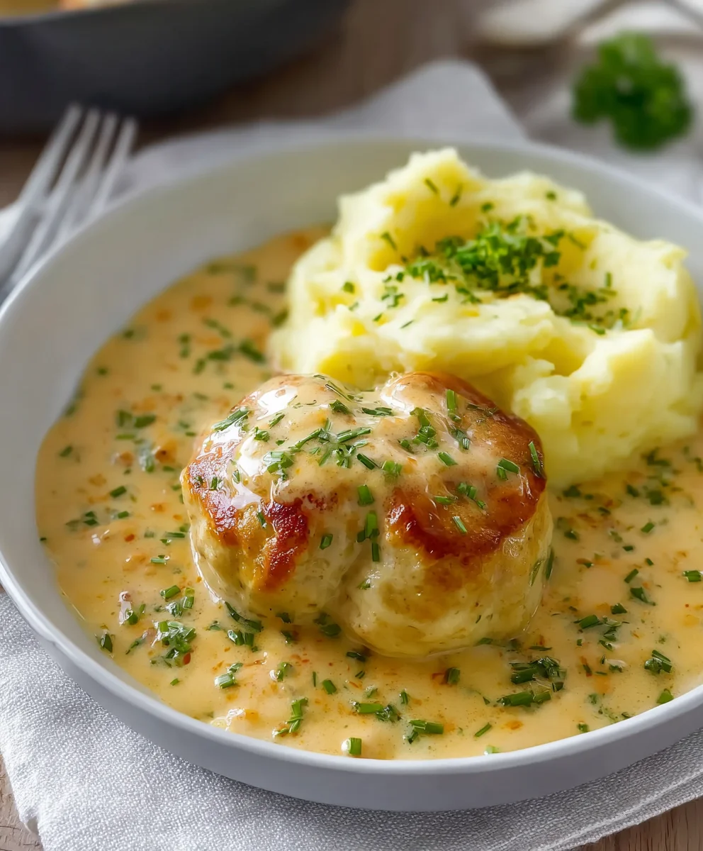 Hackbällchen in cremiger Rahmsauce mit Kartoffelpüree