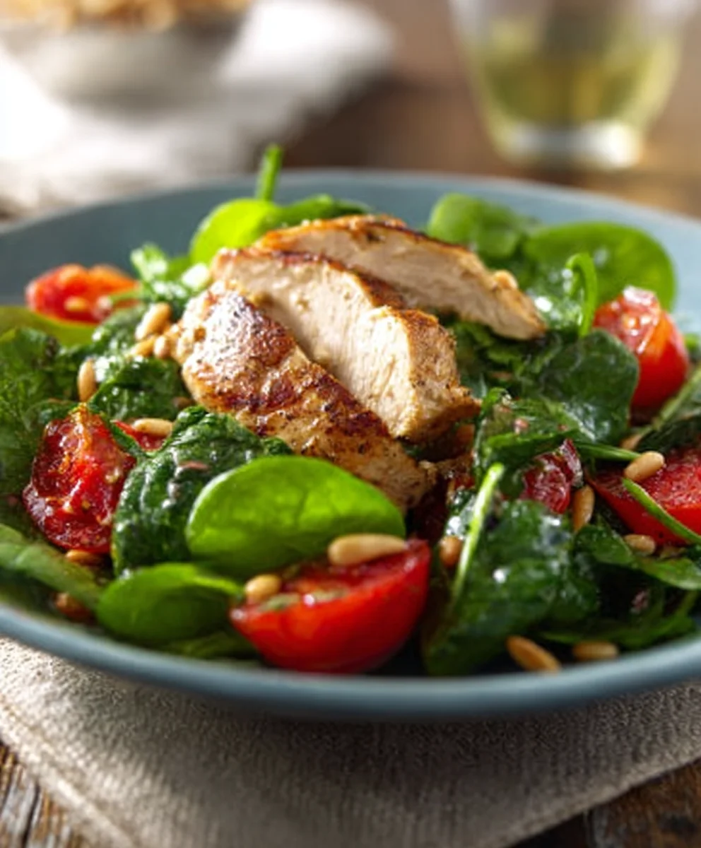 Spinatsalat Haehnchenfilet Tomaten Pinienkerne