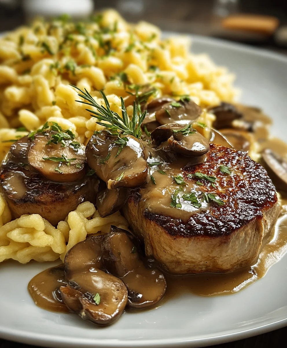 Zarte Beef-Medaillons mit Champignon-Rahmsoße & Spätzle