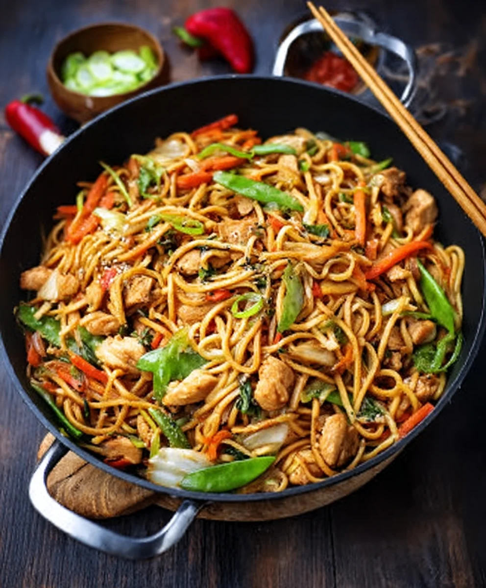 Hähnchen Chow Mein: Asiapfanne mit Gemüse & Nudeln