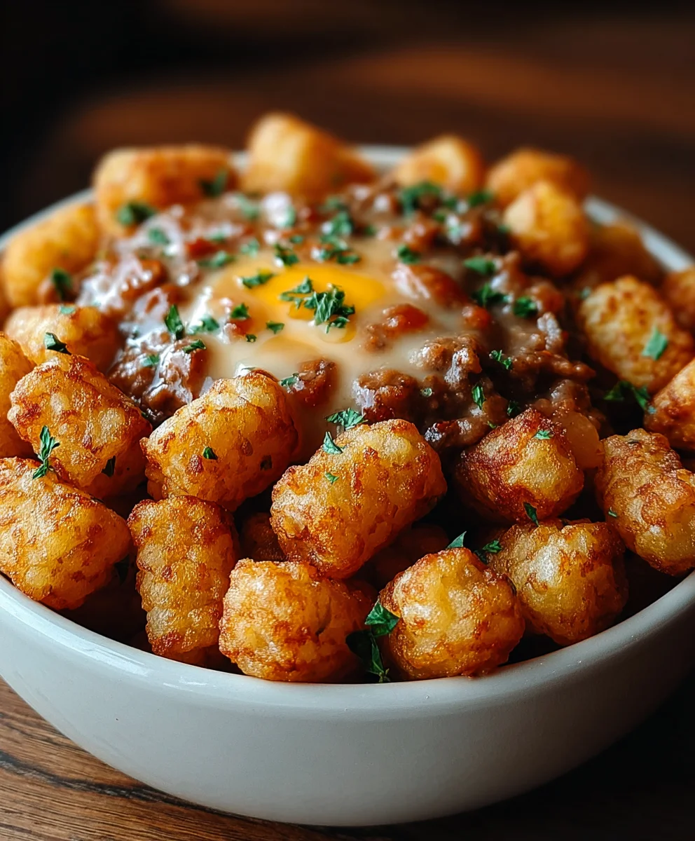 Tater Tot Frühstücksbowl mit Rinderhack-Soße
