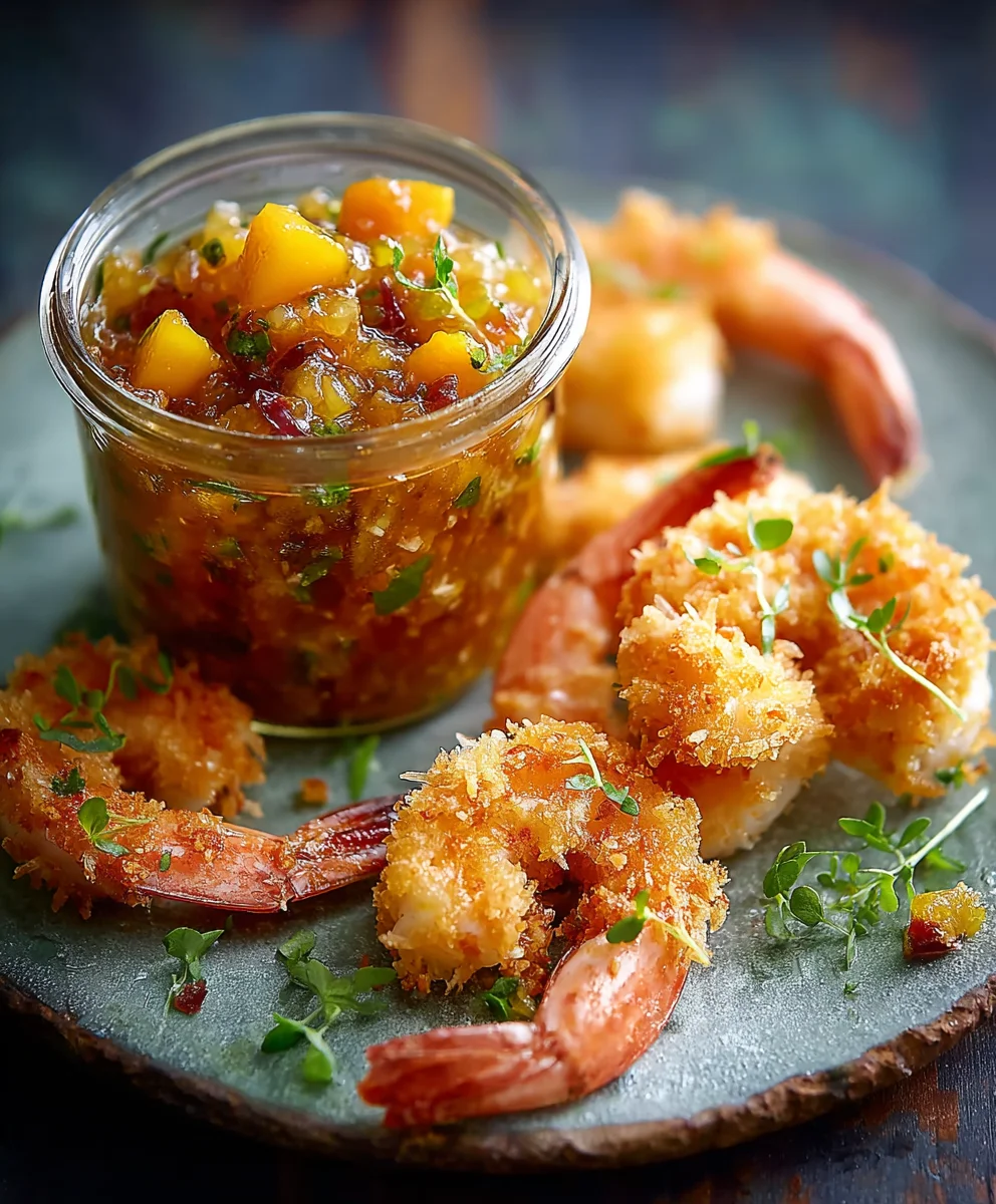 Kokos-Crevetten mit Pfirsich-Relish: Köstliches Rezept