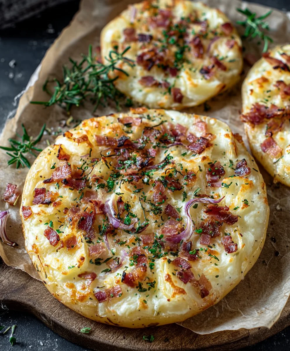 Gefüllte Kartoffeln: Flammkuchen-Art (Rinderhack)
