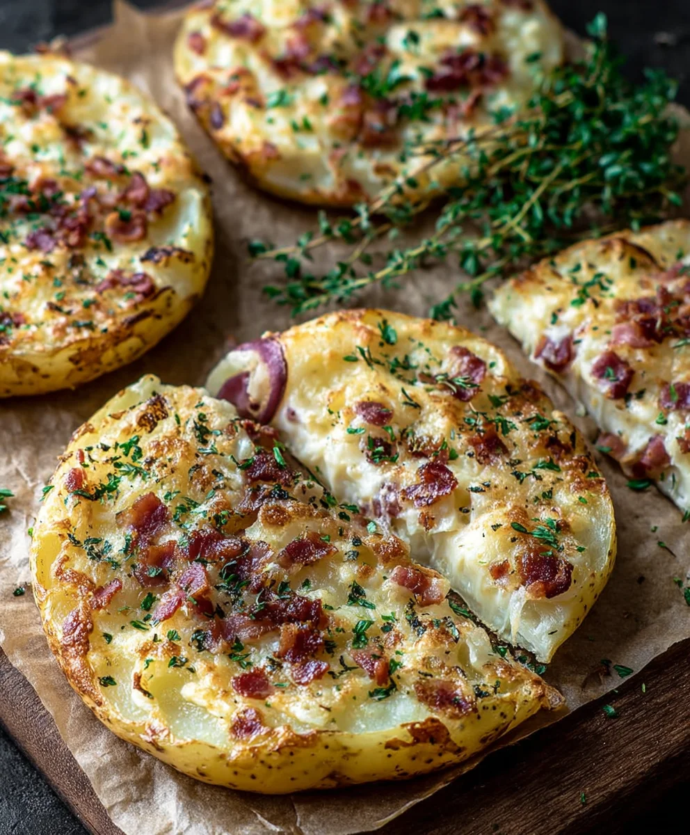 Gefüllte Kartoffeln: Flammkuchen-Art (Rinderhack)